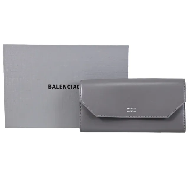 【Balenciaga 巴黎世家】簡約LOGO小牛皮信封造型發財零錢長夾(深灰)