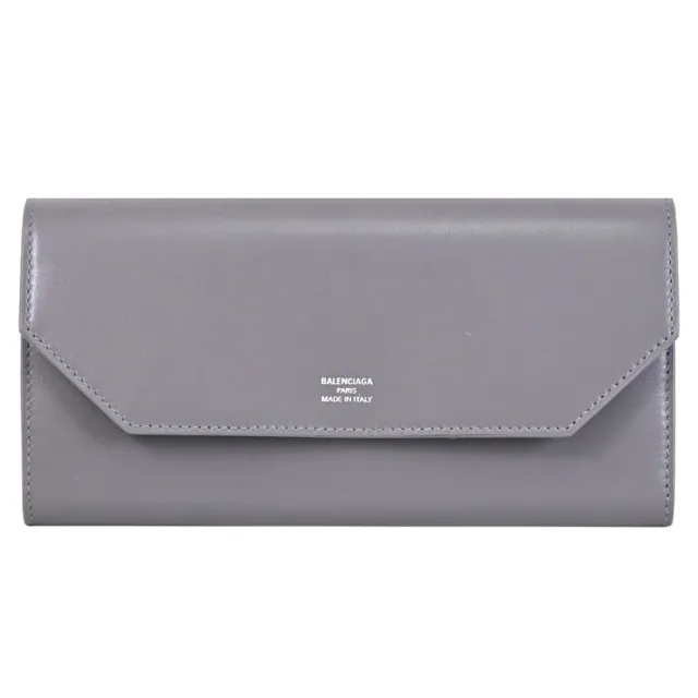 【Balenciaga 巴黎世家】簡約LOGO小牛皮信封造型發財零錢長夾(深灰)