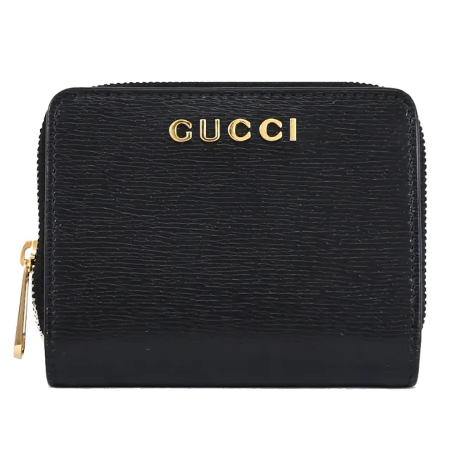 【GUCCI 古馳】Mini Script 簡約金屬LOGO皮革扣式零錢短夾(黑)