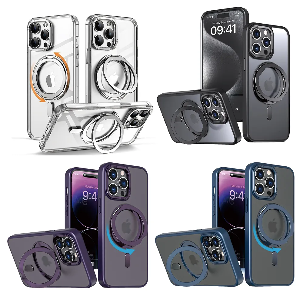 【HongXin】iPhone 15 Pro max 6.7吋 360度旋轉磁吸支架膚感手機殼