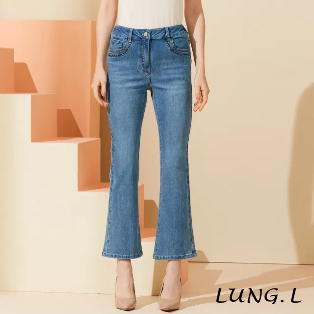 【LUNG.L 林佳樺】LW14E 藍色口袋同色刺繡小喇叭牛仔長褲