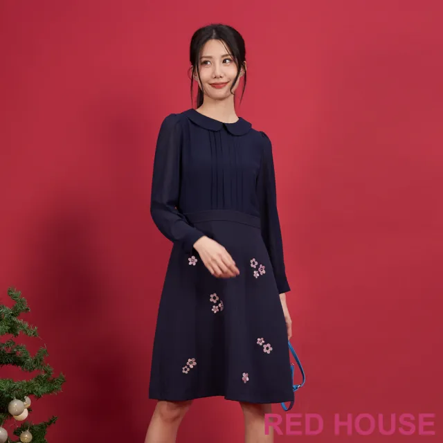 【RED HOUSE 蕾赫斯】氣質娃娃領花朵繡花洋裝(深藍色)