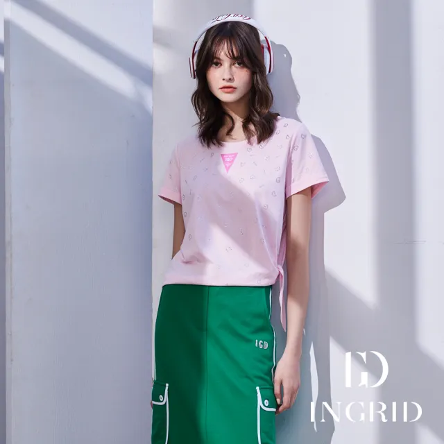 【IGD 英格麗】實體同步款-IGD貼鑽字母綁結上衣-粉紅色