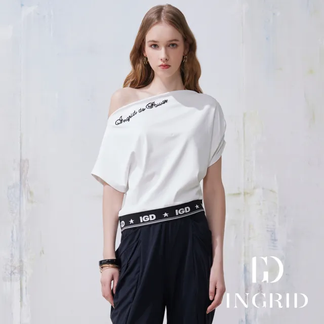 【IGD 英格麗】實體同步款-涼感一字斜領設計上衣-白色