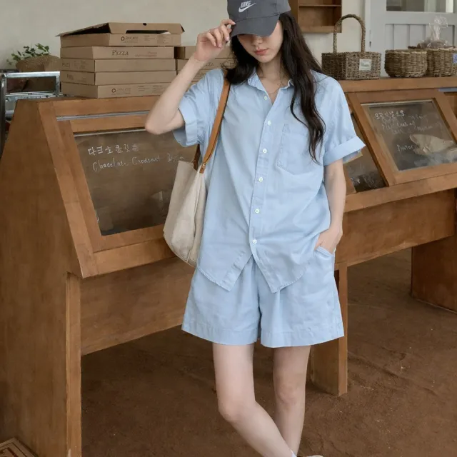 【AS 梨卡】女裝 套裝 冰絲不悶熱 短袖襯衫 冰絲短褲 韓版套裝 夏季套裝 涼爽上衣 HZ120