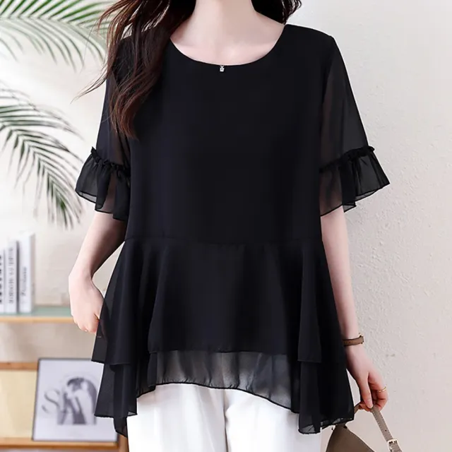 【麗質達人】5729黑色雪紡上衣-LY (L-5XL)