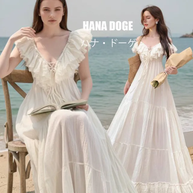HANA DOGE ハナ・ドーゲ 性感唯美沙灘度假風露肩長洋裝(打卡拍照必備款)