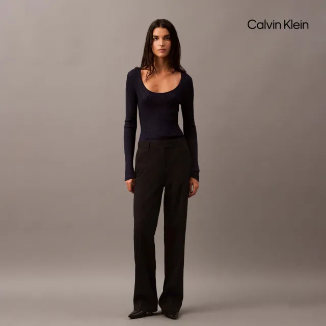 【CALVIN KLEIN】官方旗艦館CK 低腰羊毛華達呢混紡長褲_黑色