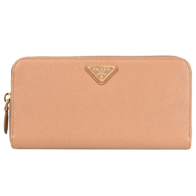 【PRADA 普拉達】金屬三角LOGO防刮皮革發財零錢長夾(淺棕)
