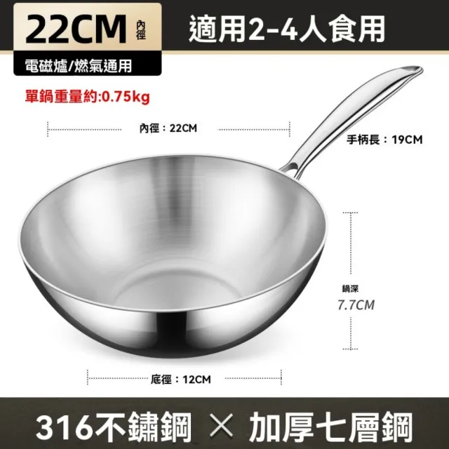 【ZHIPU 芝浦】316不鏽鋼炒鍋無塗層炒菜鍋中式炒鍋不粘鍋平底鍋ih爐可用鍋(22cm無蓋款