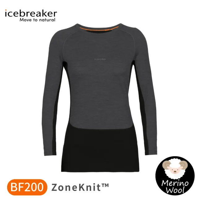【Icebreaker】女 ZoneKnit 網眼透氣保暖圓領長袖上衣 BF200《灰/黑》0A56HD/排汗衣/內層衣