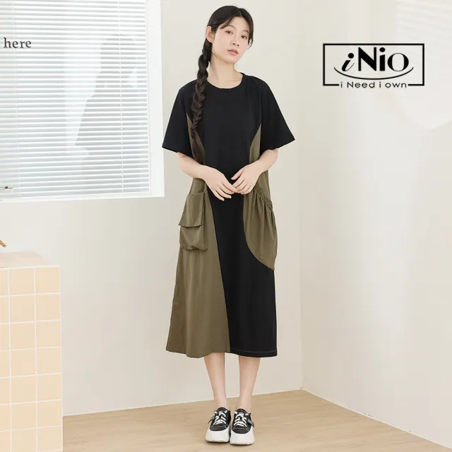 【iNio 衣著美學】不對稱拼接短袖連身裙 寬鬆垂墜顯瘦洋裝 口袋設計 休閒長洋裝  CHW3001