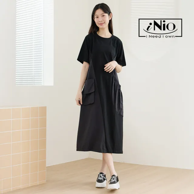 【iNio 衣著美學】不對稱拼接短袖連身裙 寬鬆垂墜顯瘦洋裝 口袋設計 休閒長洋裝  CHW3001