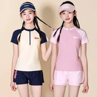 【橘魔法】大童 月亮女孩前拉鍊短袖泳衣+泳褲 2件式 青少女 兒童 童裝 女童 游泳課 學生 快乾 速乾 泳裝