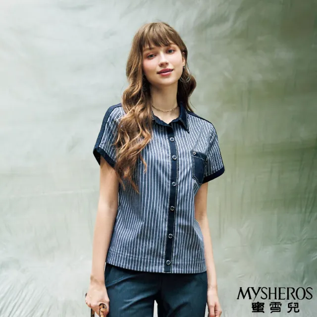 【MYSHEROS 蜜雪兒】條紋襯衫上衣 翻領排釦 仿牛仔面料拼接(藍)