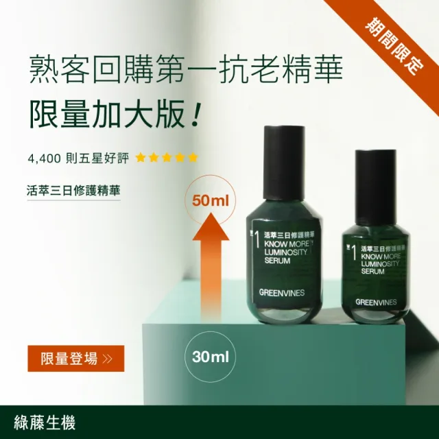 【greenvines 綠藤生機】2026母親節限定★活萃三日修護精華50ml