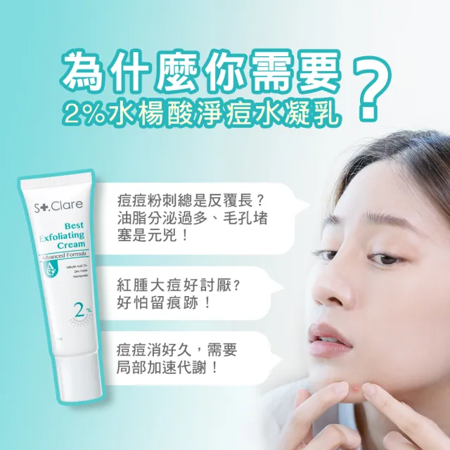 【St.Clare 聖克萊爾】2%水楊酸淨痘水凝乳30ml-2入組(杏仁酸/代謝粉刺/淡化痘瑕)