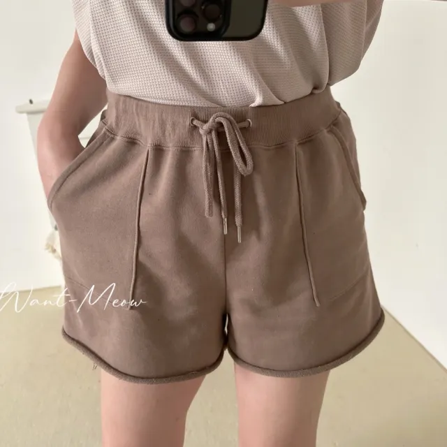 【Want-Meow】80公斤可穿/百搭舒適寬腰帶抽繩大口袋鬆緊不收邊棉短褲棉褲(大碼/大尺碼/加大碼/棉褲)