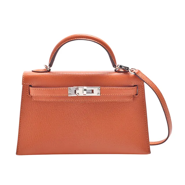 【Hermes 愛馬仕】經典Mini Kelly II 系列山羊皮銀釦手提/肩背包(火焰橘)