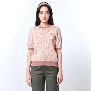 【KeyWear 奇威名品】復古抽象玫瑰花圓領針織上衣