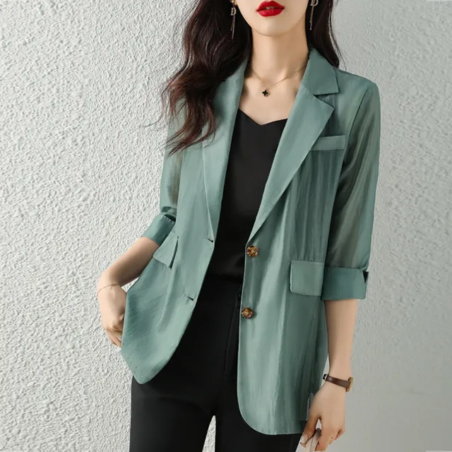 【米蘭精品】雙11現貨限搶 西裝外套休閒西服職業OL女裝(天絲中袖薄款夏季女外套4色74co5)