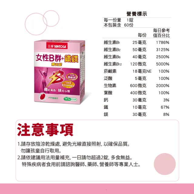 【SENTOSA 三多】女性B群+鐵鎂糖衣錠(60錠/盒)