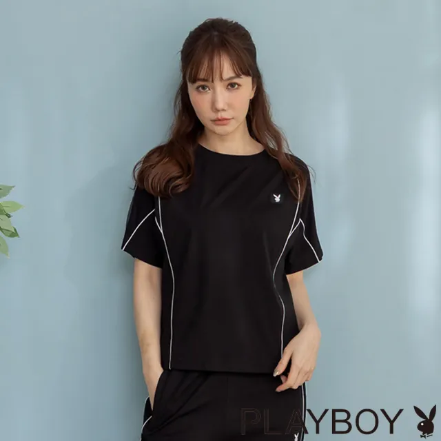 【PLAYBOY】黑色出芽連肩袖上衣 - 黑色
