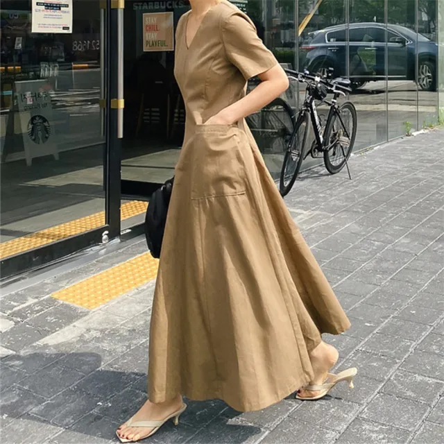 【巴黎精品】極速出貨 洋裝短袖連身裙亞麻棉麻大尺碼女裝(V領簡約長版純色女裙子2色a1au13)