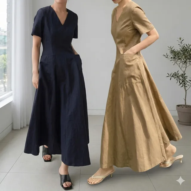 【巴黎精品】極速出貨 洋裝短袖連身裙亞麻棉麻大尺碼女裝(V領簡約長版純色女裙子2色a1au13)
