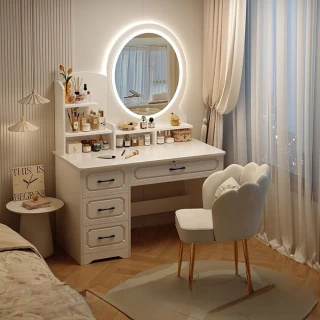 【匠俱】化妝桌椅組合 化妝台 梳妝台 收納化妝桌(圓鏡LED款+花瓣椅 四抽屜80CM 帶桌上置物架 大容量)
