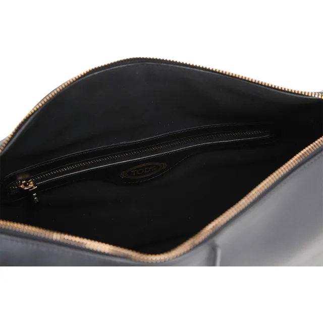 【TOD’S】TODS Timeless 大款 T字撞色小牛皮肩背半月包-黑色(義大利手工皮革)