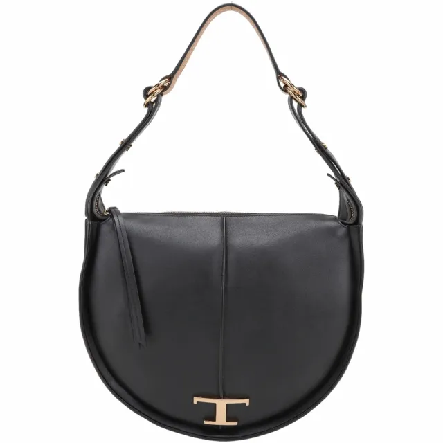 【TOD’S】TODS Timeless 大款 T字撞色小牛皮肩背半月包-黑色(義大利手工皮革)