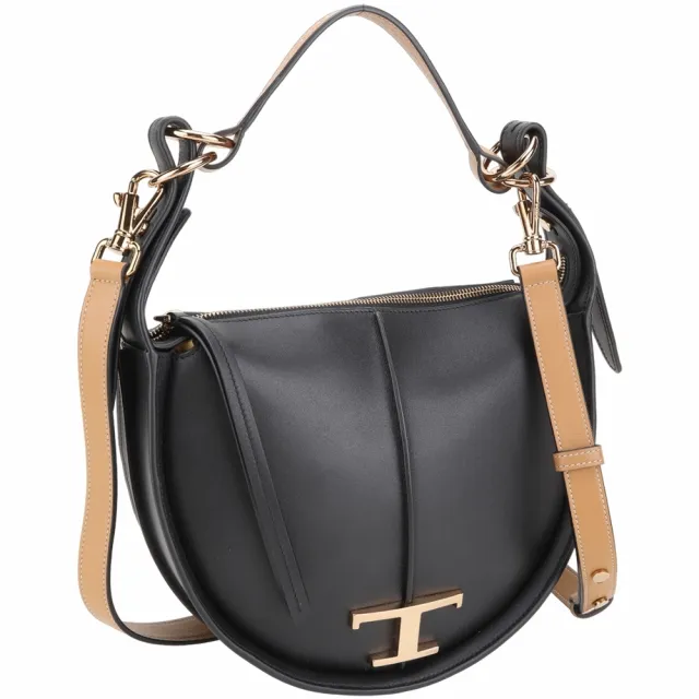 【TOD’S】TODS Timeless 小型 T字撞色小牛皮附背帶肩背半月包-黑色(義大利手工皮革)