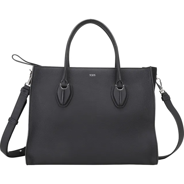 【TOD’S】TODS 荔紋牛皮手提肩背托特包-黑色(義大利手工皮革)