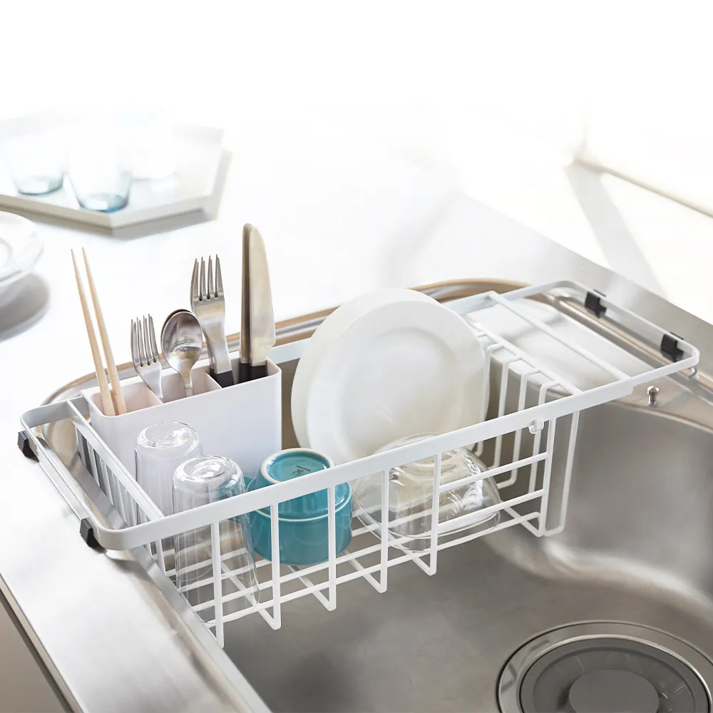 【YAMAZAKI】tower伸縮式瀝水籃-白(收納架/碗盤架/餐具瀝水/瀝水架/置物架/杯架) 