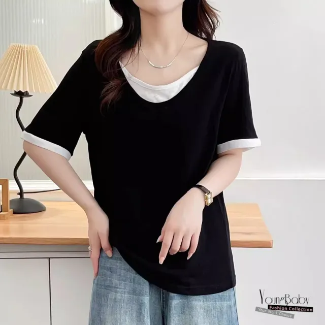 【YOUNGBABY】簡約撞色圓領拼接假兩件式T 中大尺碼女裝
