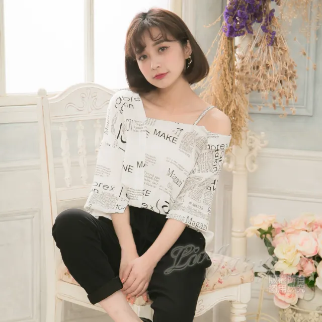 【lingling】字母印花斜肩五分袖上衣 女裝女上衣(PA4118-字母印花)