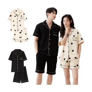【Chewy】情侶睡衣 純棉短袖短褲套裝 男女居家服 夏季薄款開襟家居服 可外穿休閒套裝