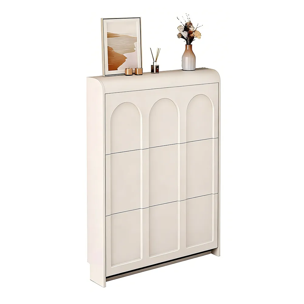 奶油風法式翻鬥鞋櫃（80x17x112cm 白色 E1 級環保板材 超薄收納）