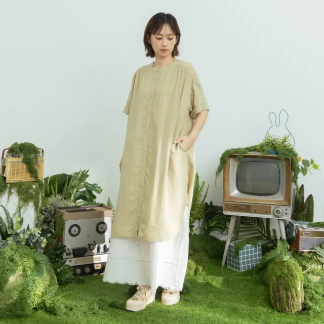 【MOSS CLUB】圓領開襟後拼接荷葉邊襯衫洋裝 黑 綠(魅力商品)