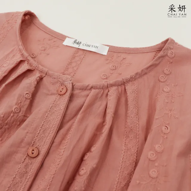 【CHAI YAN 采妍】刺繡花棉麻短袖襯衫(春夏女裝/中大尺碼/寬鬆/透氣/優雅)
