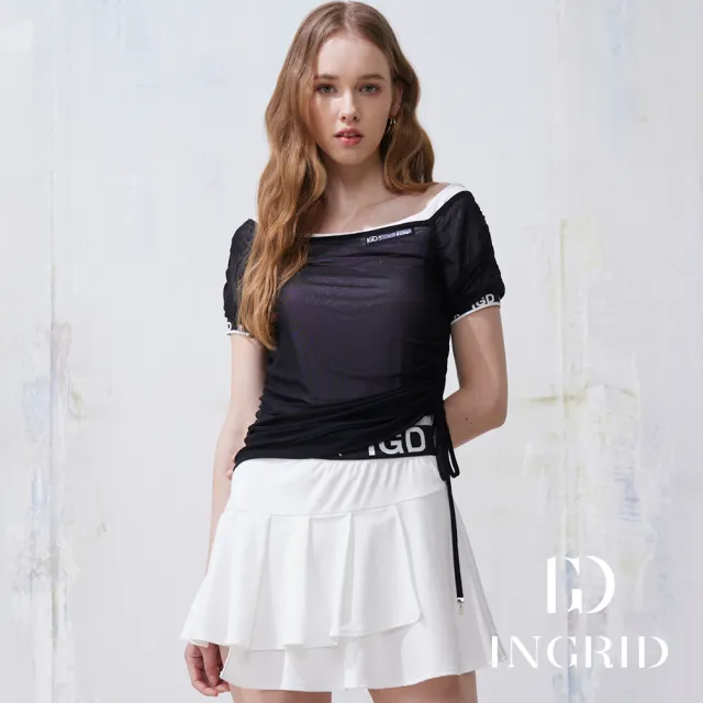 【IGD 英格麗】實體同步款-網紗抓褶層次涼感上衣-黑色