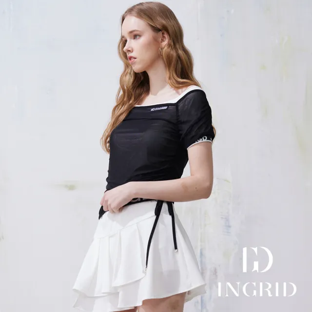 【IGD 英格麗】實體同步款-網紗抓褶層次涼感上衣-黑色
