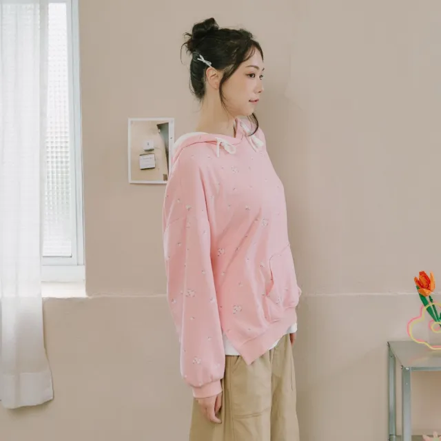 【Dailo】小白花灑落連帽上衣 藍 粉 灰