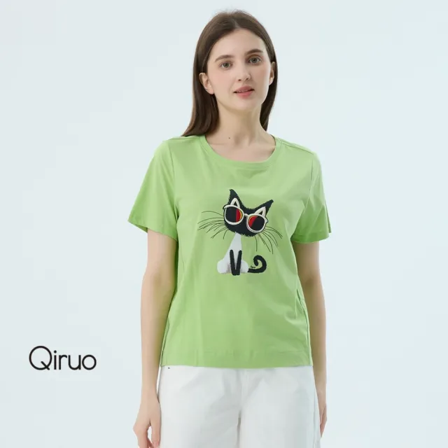 【Qiruo 奇若名品】專櫃精品果綠色貓咪短袖上衣6815A  棉質女裝 