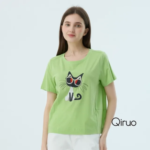 【Qiruo 奇若名品】專櫃精品果綠色貓咪短袖上衣6815A 棉質女裝