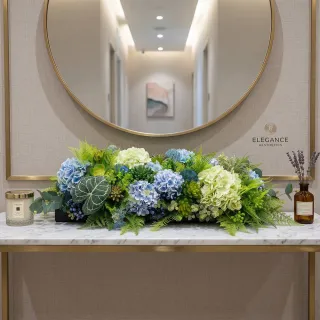 【HUGO DECO 榆果傢飾】藍綠繡球雅致長型香氛桌花  免運專人配送限雙北市(開幕/擬真花/佈置/新居落成/送禮)