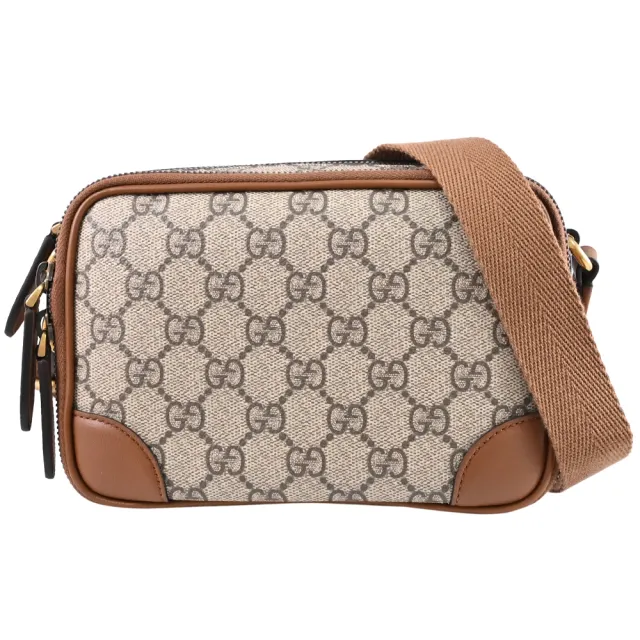 【GUCCI 古馳】821217 GG Emblem 經典雙G塗層印花雙層雙拉鍊方包斜背包(駝)