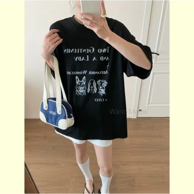 【Want-Meow】90公斤可穿/寬鬆百搭插畫狗狗大圖T棉T圓領上衣大學T短袖T(大碼上衣/大碼/大尺碼/短袖上衣)