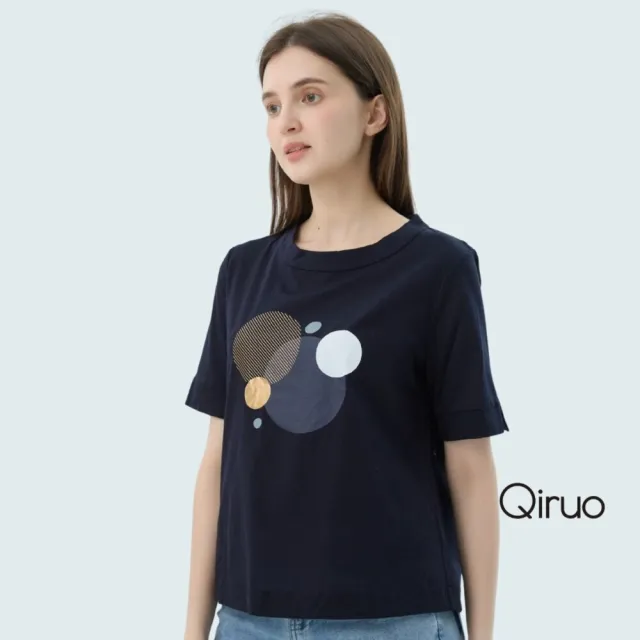 【Qiruo 奇若名品】春夏專櫃精品丈青色短袖上衣2502A  圓圈女裝